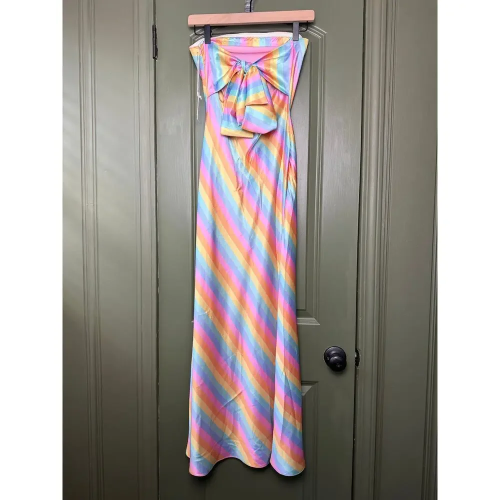 NWT Saylor Anora Rainbow Bias Satin Bow Strapless Stripe Resort Midi Dress Small - Picture 2 of 6